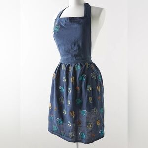 Anthropologie Floral Embroidered Blue Apron